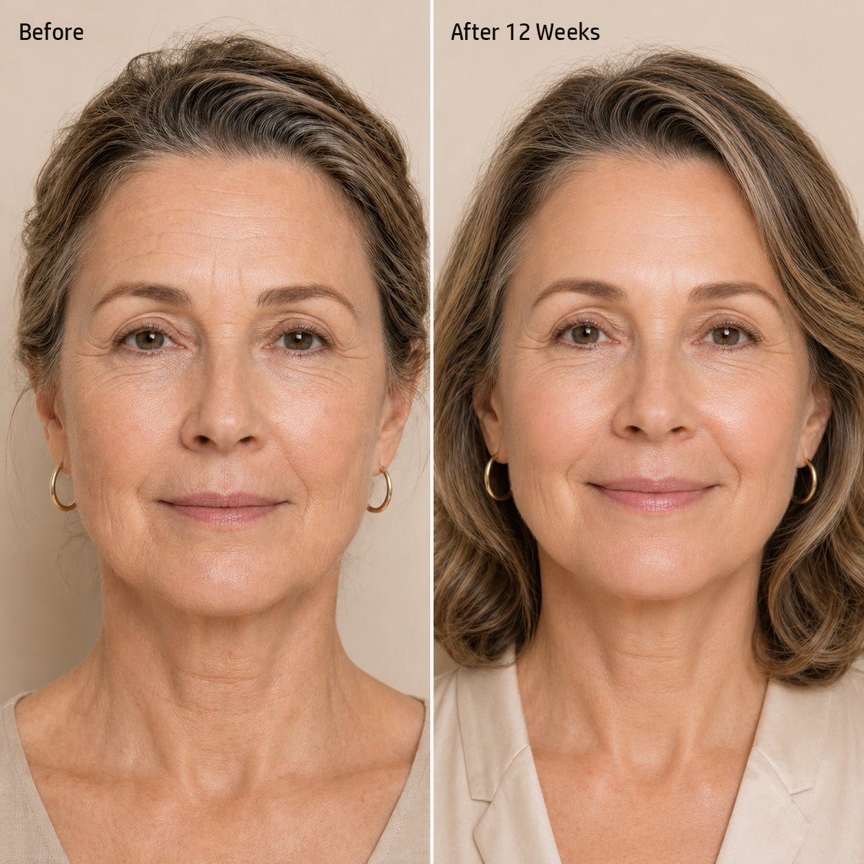 Before and after comparison of a woman's face with visible skin improvement over 12 weeks.