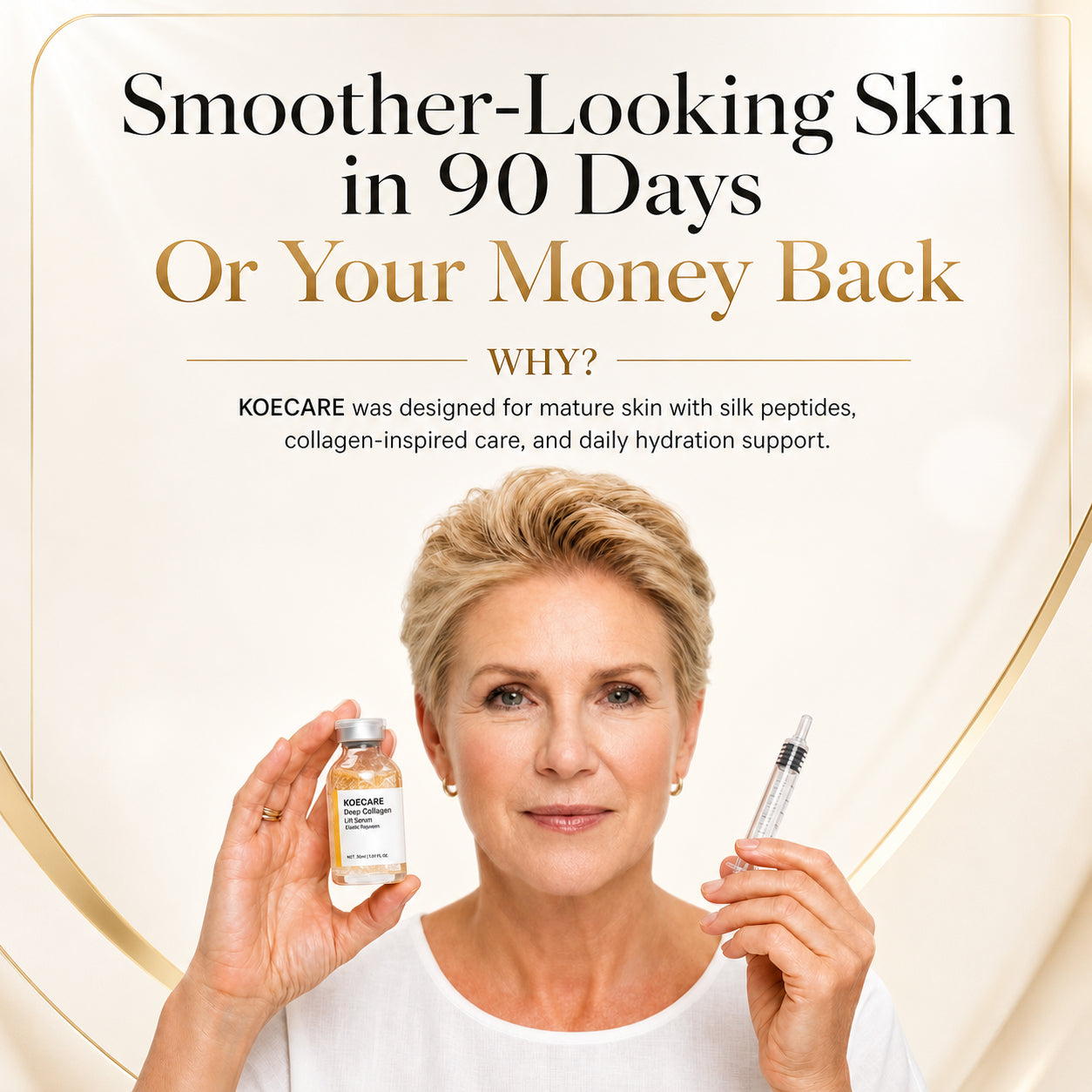 Woman holding skincare products with promotional text on a beige background