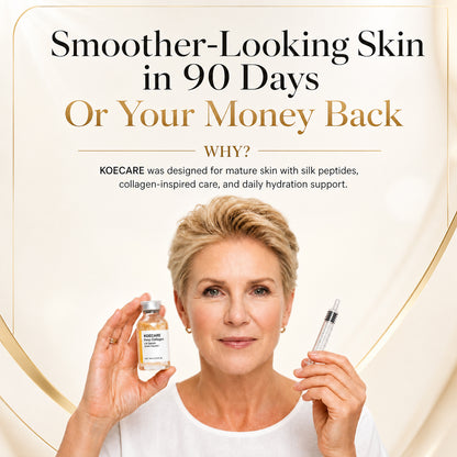 Woman holding skincare products with promotional text on a beige background