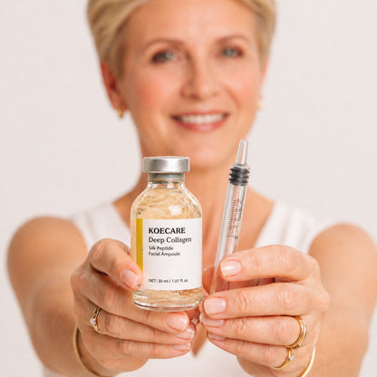 Woman holding a KOECARE Deep Collagen product with a syringe against a plain background